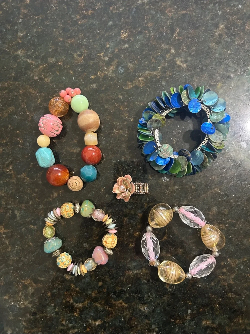 4 stretch bracelets and 1 stretch ring